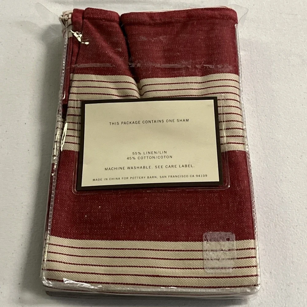 Pottery Barn Awning Stripe Euro‎ Pillow Sham Cotton Linen Blend Red Tan 26x26
